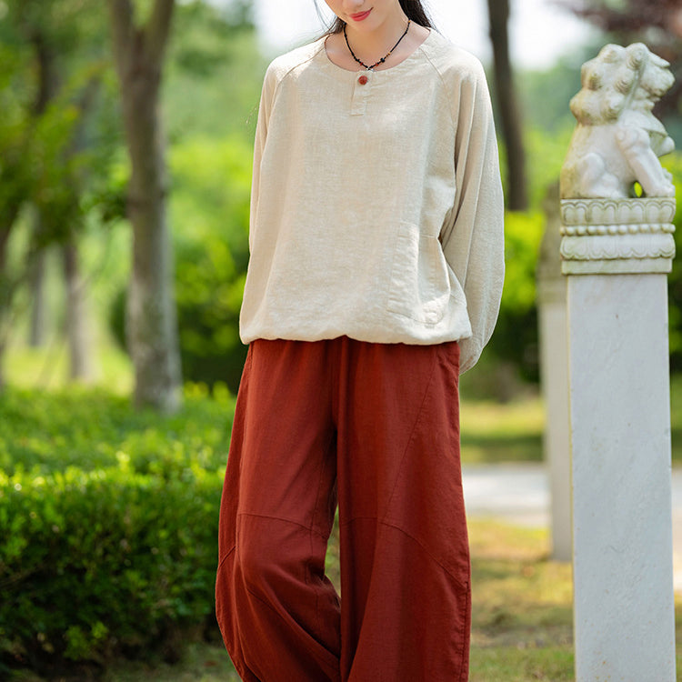 Loose long-sleeved cotton  linen T-shirt, vintage round neck cotton  linen  button top shirt 20240920