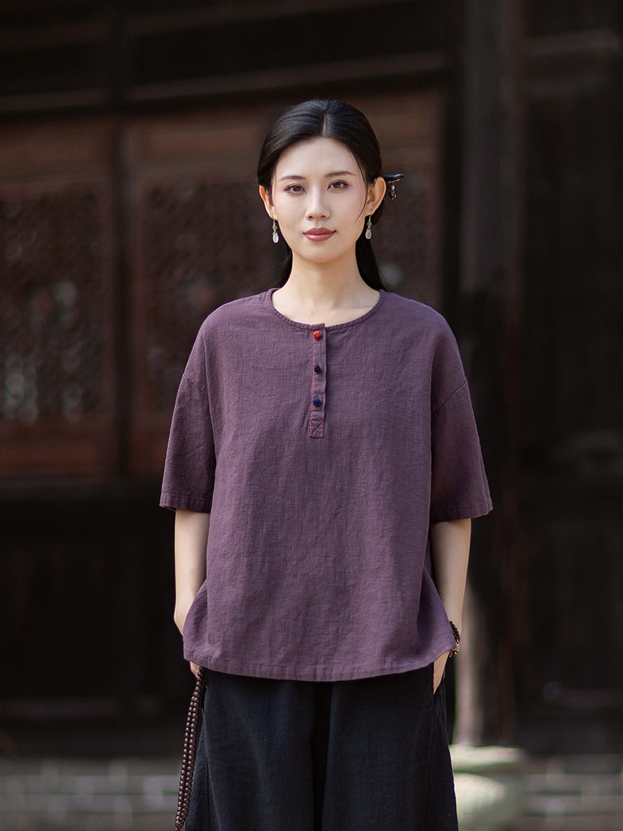 Round-Neck Chinese-Style Blouse: New Summer Style, Retro-Chic, Stitched Color-Blocking, Button-Front Short-Sleeve T-Shirt 20260511