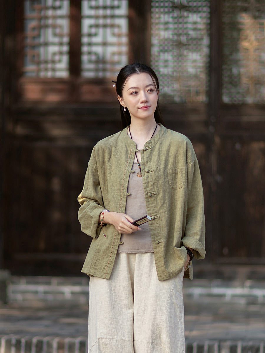 2026 Spring Cotton-Linen Women's New Chinese-Style Ramie Blouse, Loose-Fitting Cotton-Linen Button-Down Shirt with Chinese-Style Buttons, Modernized Tang-Style Jacket