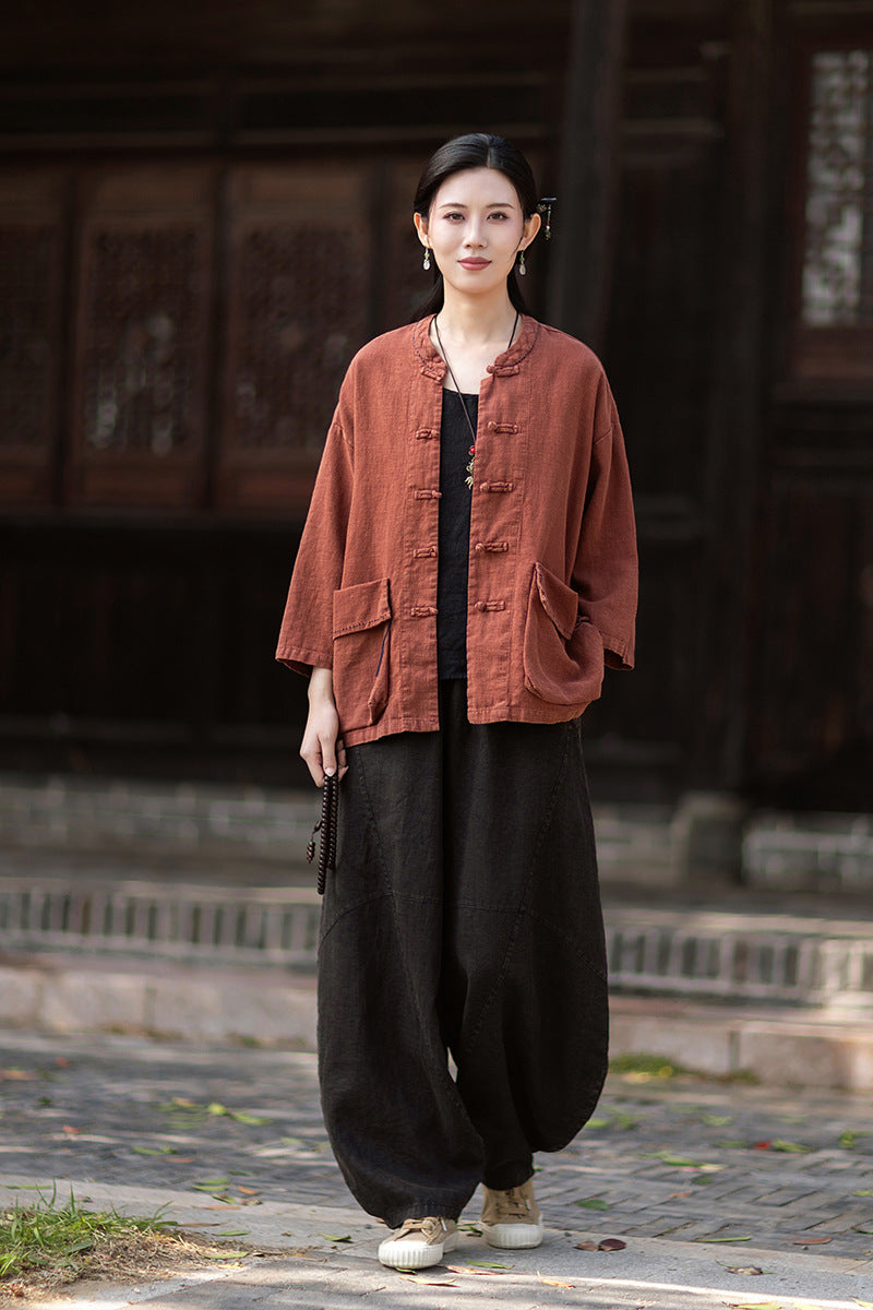 Summer New Arrival: Original Linen Hand-Knotted Button-Down Shirt with Large Pockets for Women – Vintage Distressed Jacket 20260511