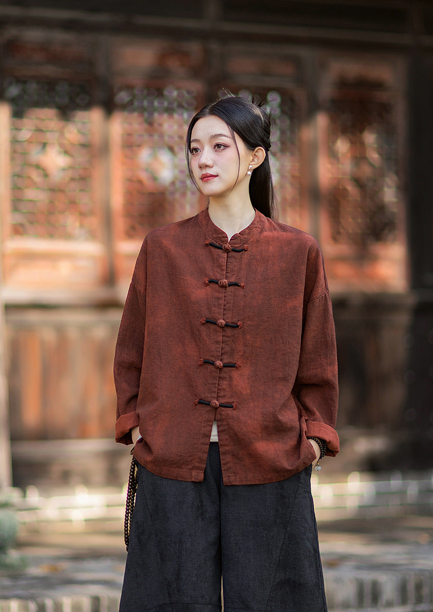 2026 Spring New Arrival: Chinese-Style Retro Double-Breasted Color-Blocked Button-Down Shirt, Women's Modernized Stand-Up Collar Ombre-Dye Tang-Style Cardigan