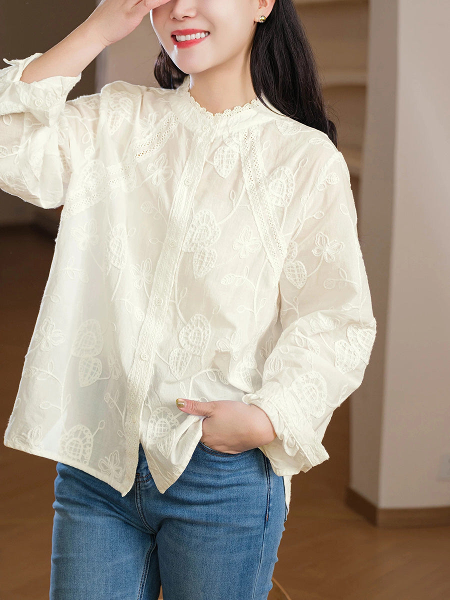 Women Summer Artsy Embroidery Cotton Shirt,Women's White Shirt with Lace Embroidery and Round Neckline