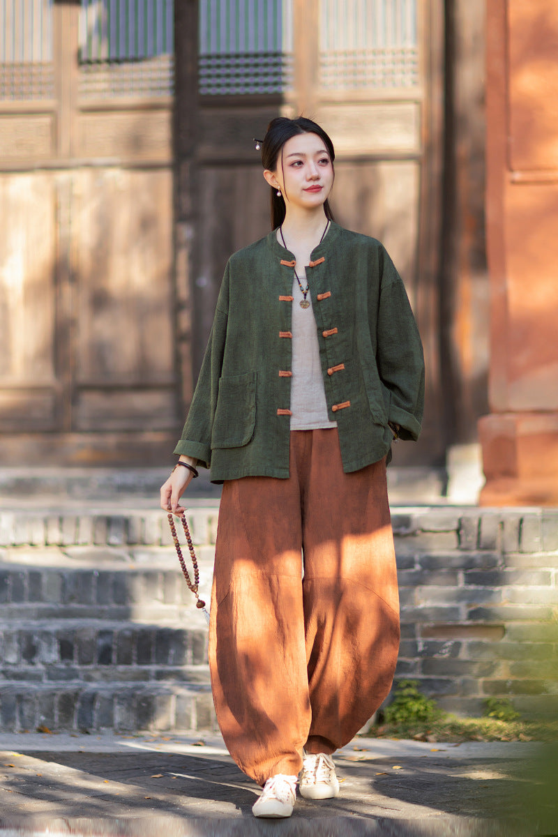 2026 Spring New Arrival: Vintage-inspired, distressed, sand-washed asymmetrical top; niche-style patchwork V-neck cotton-linen button-down cardigan