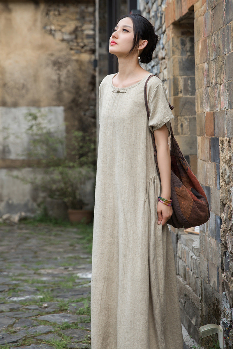 Summer  Cotton  Linen dress, Vintage Chinese  Dresses 20250417