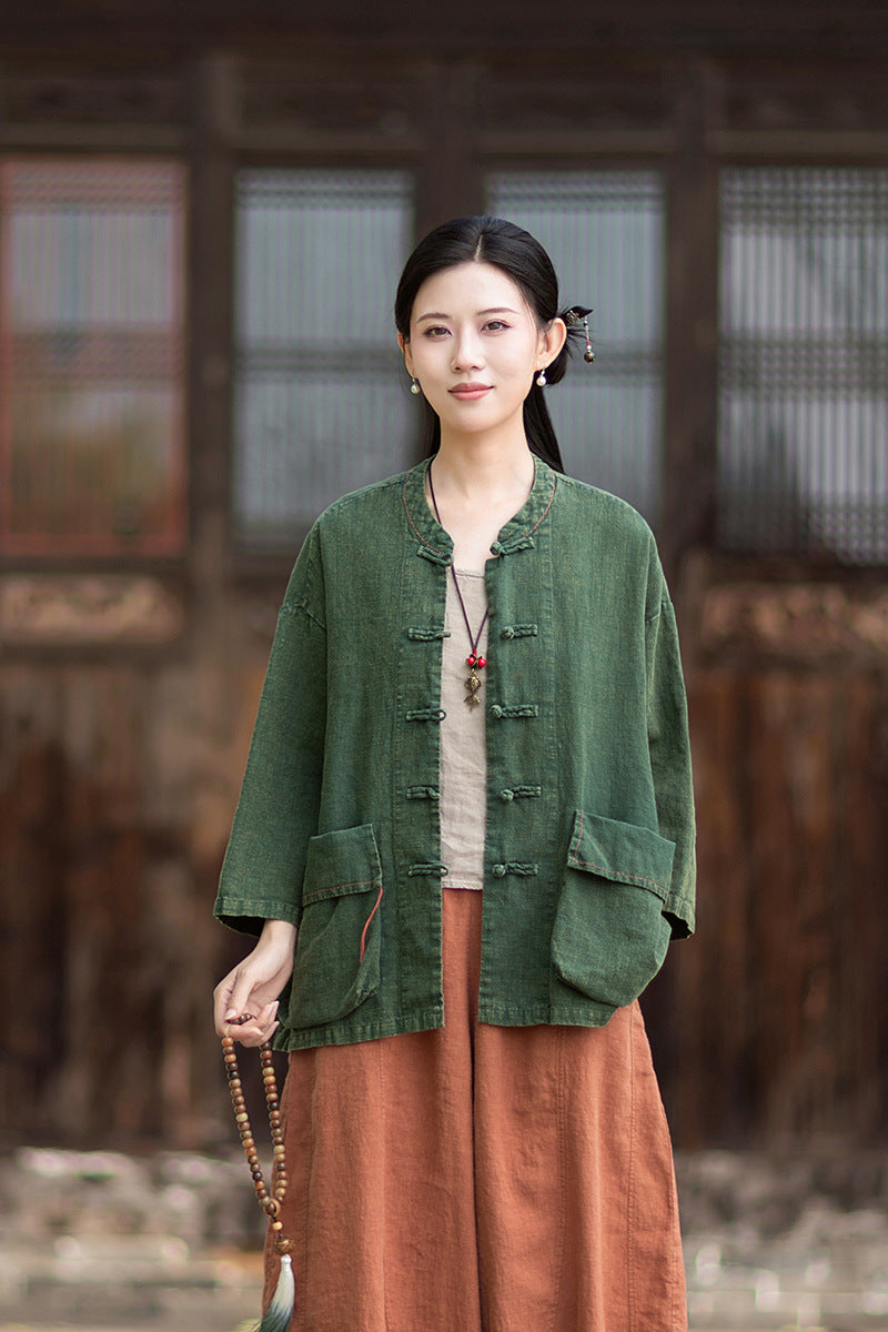 Summer New Arrival: Original Linen Hand-Knotted Button-Down Shirt with Large Pockets for Women – Vintage Distressed Jacket 20260511
