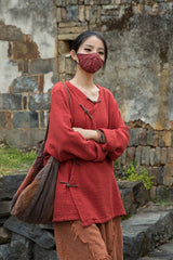 Vintage Summer Chinese Boat Collar Long Sleeve Shirt, Cotton  Linen Washed Frog Long T-Shirt 20250604