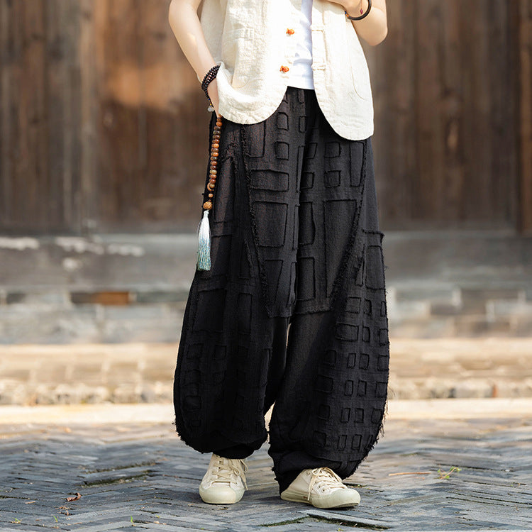 Original personality patchwork natural burlap linen lantern pants personality female wide-legged pants (fall and winter) 20240920