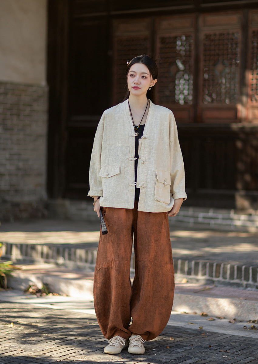 2026 Spring New Arrival: Vintage-inspired, distressed, sand-washed asymmetrical cardigan; niche-style patchwork V-neck cotton-linen jacket with button closures