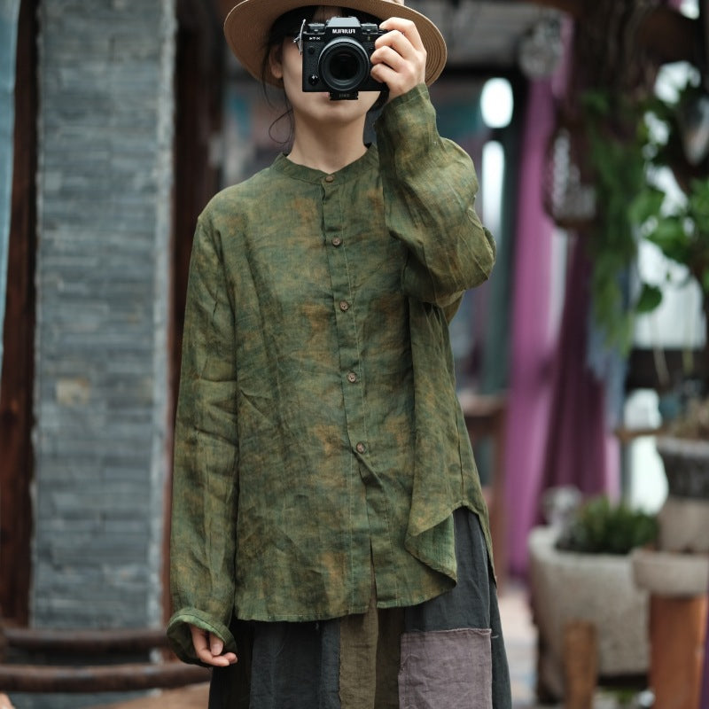 Green Printed Linen Shirt, Summer Linen Shirt, Vintage Chinese Loose Casual Shirt