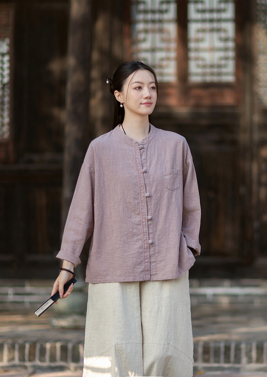 2026 Spring Cotton-Linen Women's New Chinese-Style Ramie Blouse, Loose-Fitting Cotton-Linen Button-Down Shirt with Chinese-Style Buttons, Modernized Tang-Style Jacket