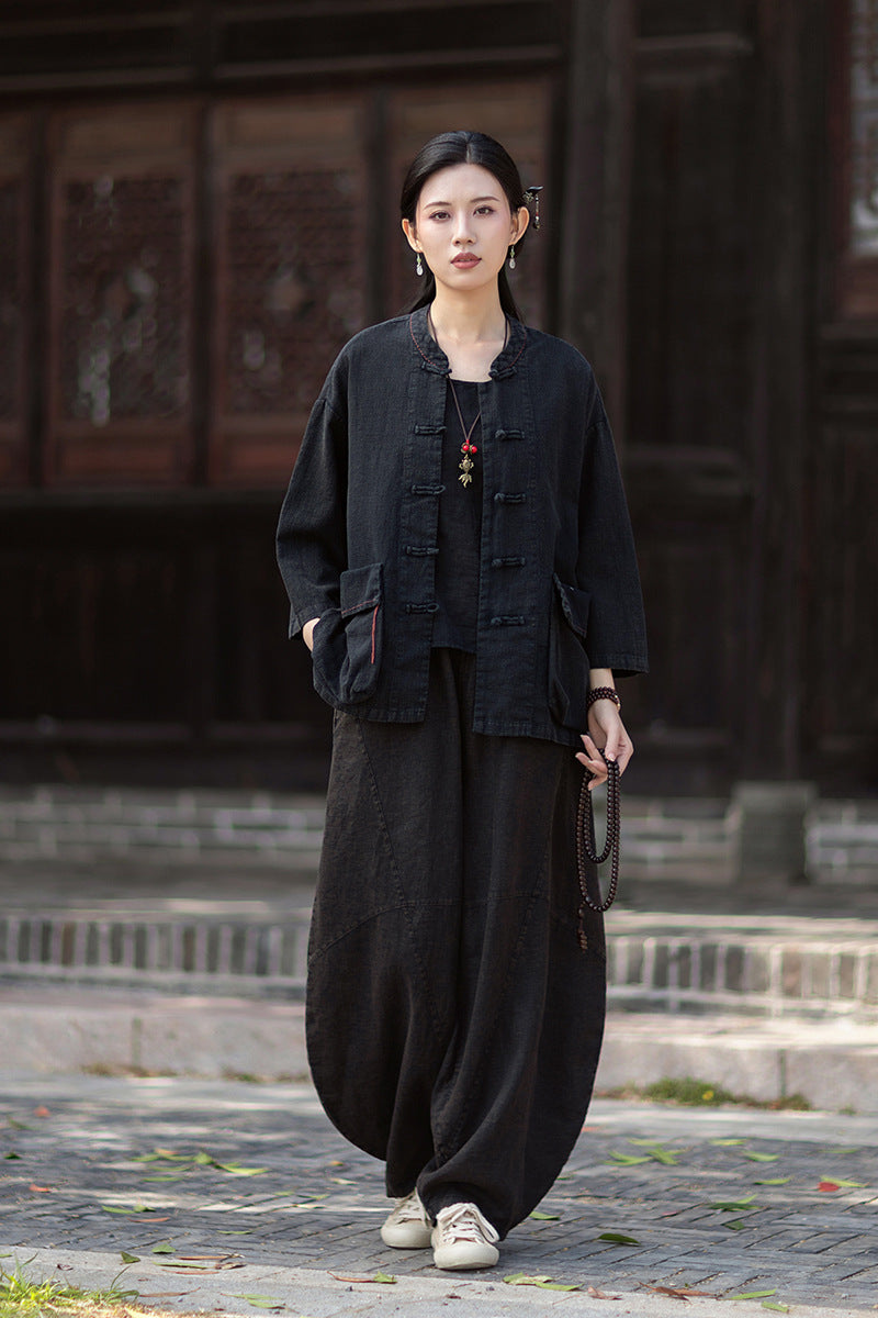 Summer New Arrival: Original Linen Hand-Knotted Button-Down Shirt with Large Pockets for Women – Vintage Distressed Jacket 20260511