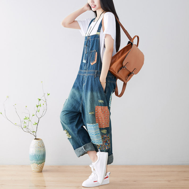 Patchwork stonewashed cotton overalls, women's denim washed overalls