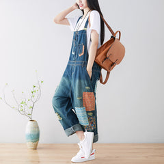 Patchwork stonewashed cotton overalls, women's denim washed overalls