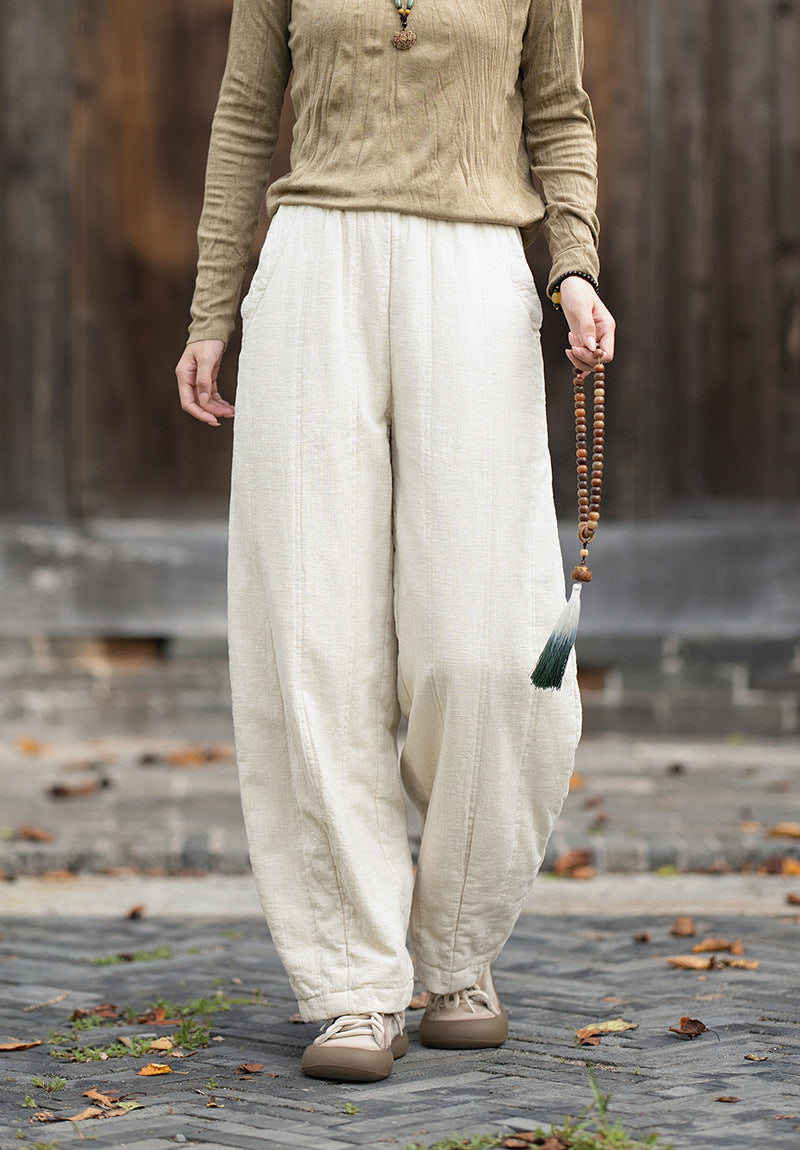 2026 Winter New Original Cotton-Linen Women's Retro, Versatile, Slimming, Elastic-Waist, Loose-Fitting, Casual, Patchwork Straight-Leg Pants