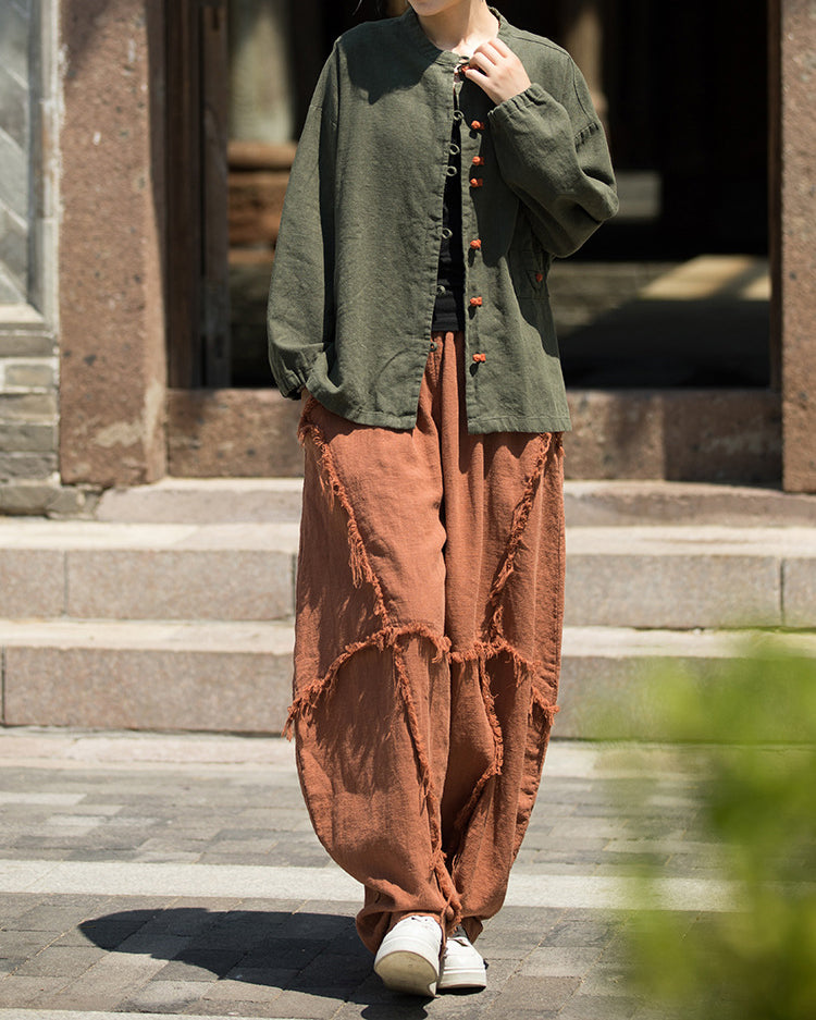Summer cotton linen Chinese stand-up collar shirt, sandwashed frog button women's long-sleeved shirt 20240714