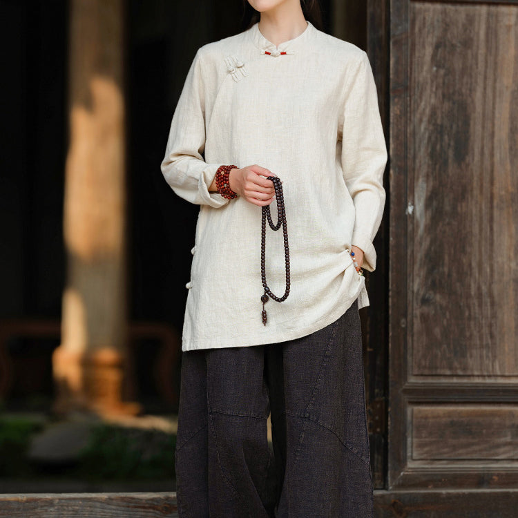 Women's vintage Chinese frog button long-sleeved cotton and linen shirt, stand-up collar loose cotton and linen jacket 20240920