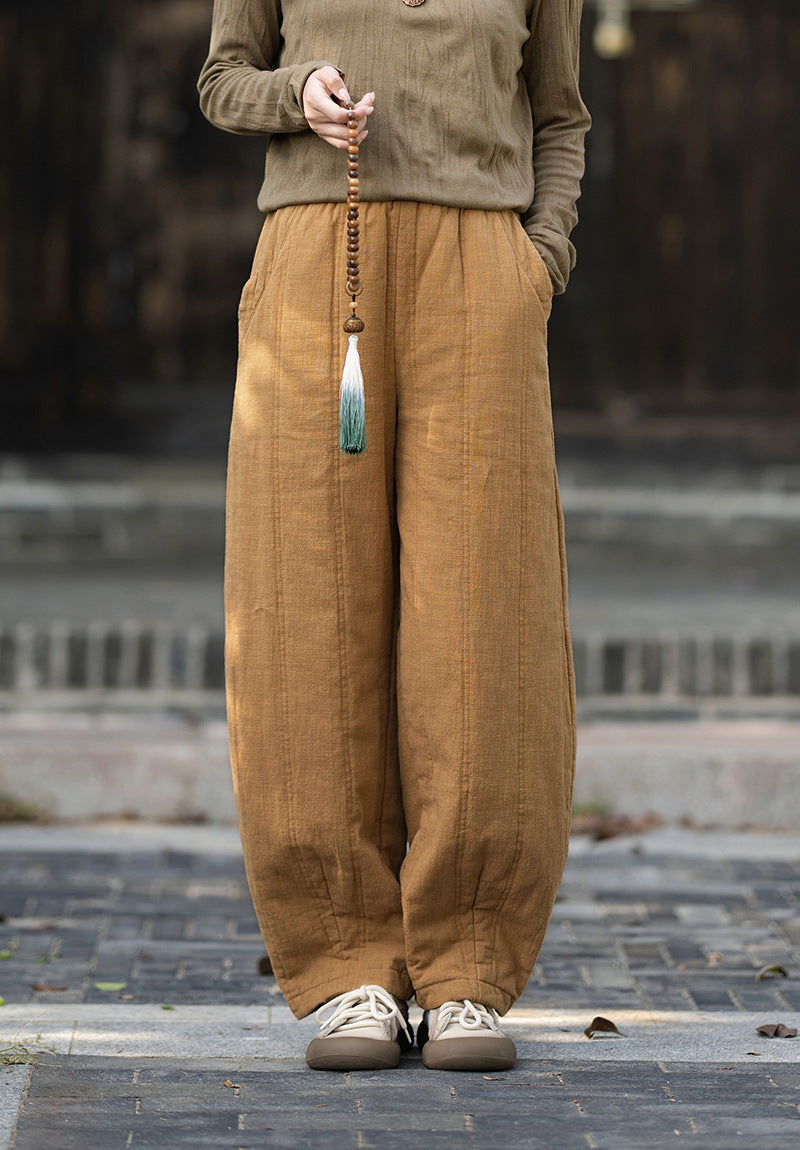 2026 Winter New Original Cotton-Linen Women's Retro, Versatile, Slimming, Elastic-Waist, Loose-Fitting, Casual, Patchwork Straight-Leg Pants
