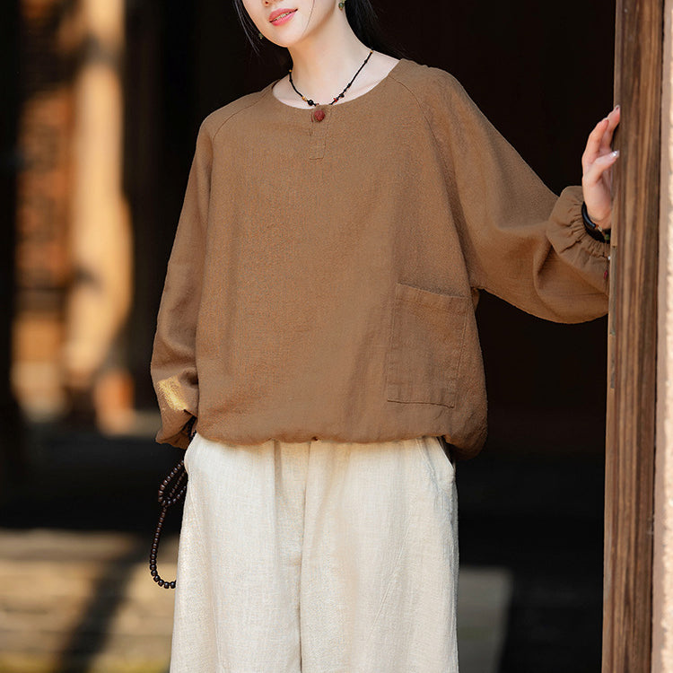 Loose long-sleeved cotton  linen T-shirt, vintage round neck cotton  linen  button top shirt 20240920