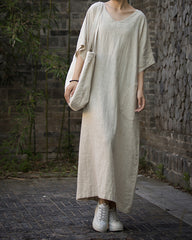 Women loose cotton linen dress plus, V-Neck Handmade Tie-Dye Dress,Loose Cotton Linen Dress 20240714