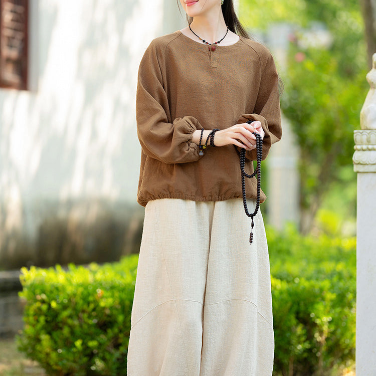 Loose long-sleeved cotton  linen T-shirt, vintage round neck cotton  linen  button top shirt 20240920