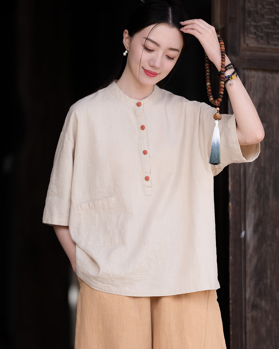 Original cotton  linen women's clothing, summer Chinese retro women's sandwashed cotton T-shirt 20240728
