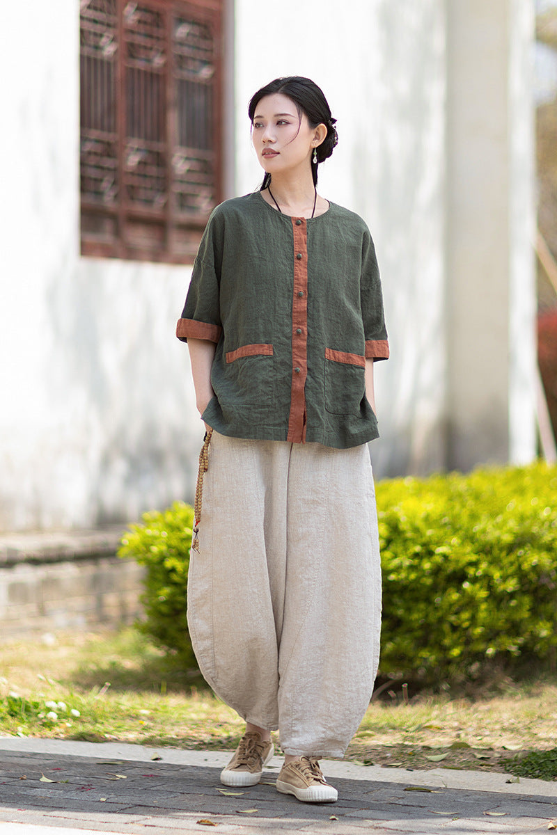 New New Chinese-Style Design: Comfortable, Lightweight Linen Top with Color-Blocked Patchwork and Button-Front Cardigan 20260511