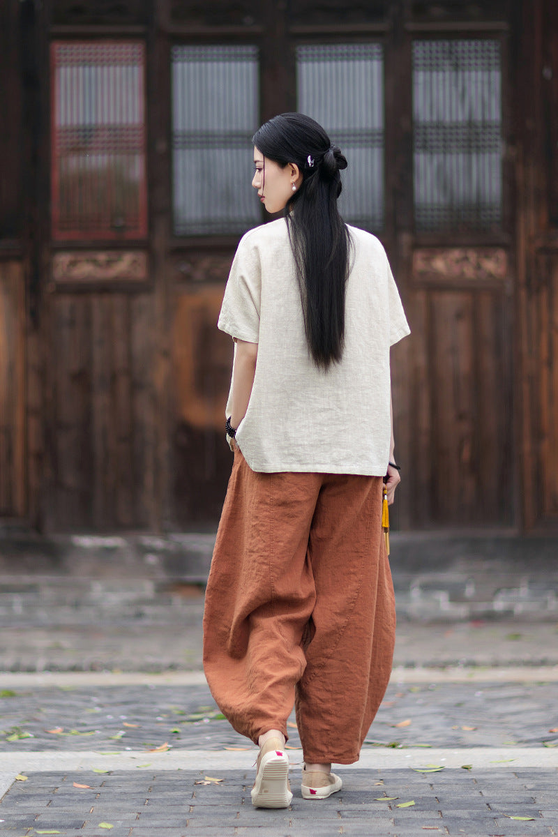 Women's Cotton-Linen Retro Zen-Inspired Stand-Collar Shirt with Stitched Buttonholes and Asymmetrical Hem 20260511