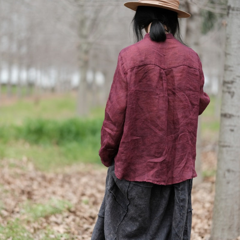 Red linen shirt, summer linen shirt, vintage Chinese loose casual shirt