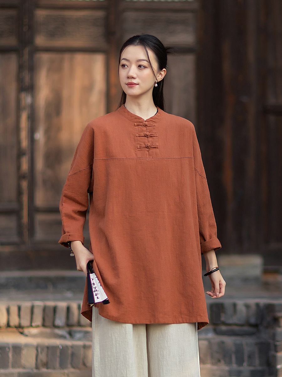 2026 Spring Retro Mandarin Collar Button-Down Cotton-Linen Blouse for Women: Chinese-Style Zen-Inspired Tea Ceremony Pullover, Ramie Stand-Up Collar Long-Sleeve Shirt