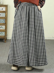 Loose-fitting cotton plaid wide-leg pants， Spring Vintage Plaid Wide-leg Pants