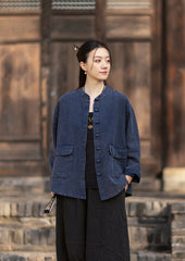 2026 Spring New Arrival: Boho-Retro Stand-Collar Distressed Double-Breasted Button-Down Cotton-Linen Blouse for Women
