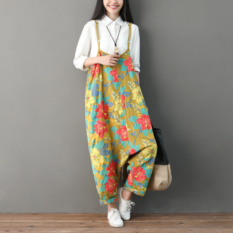 Printed floral cotton overalls, women's denim overalls, stonewashed loose overalls