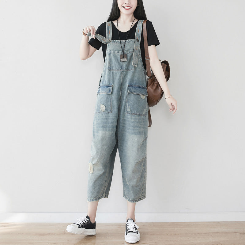 Cotton overalls, women's denim overalls, stonewashed loose overalls