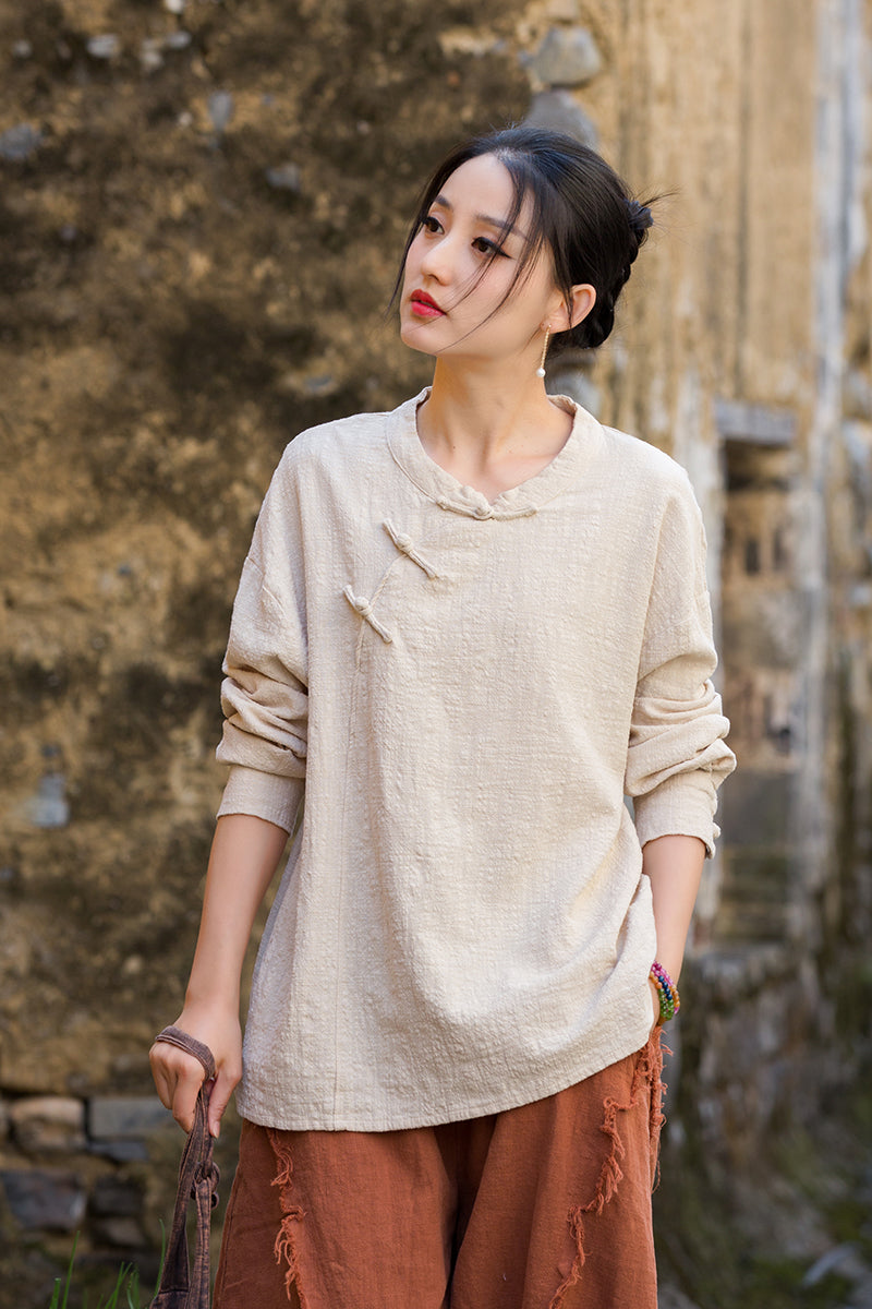 Long Sleeve Standing Collar Cotton Linen Frog Button Shirt, Vintage Chinese Casual Shirt 20250604