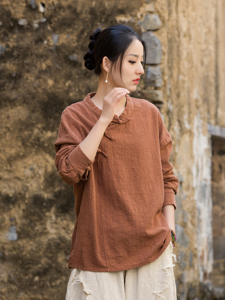 Long Sleeve Standing Collar Cotton Linen Frog Button Shirt, Vintage Chinese Casual Shirt 20250604