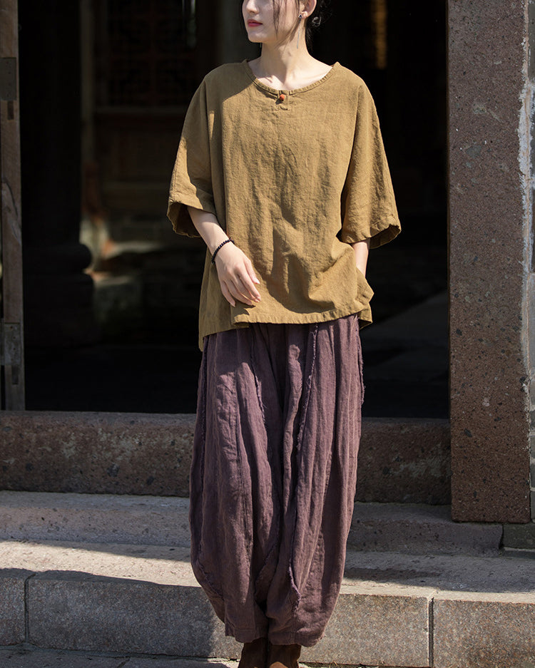 Summer Cotton Chinese t-shirt,Ramie Sand Washed Plate Button Women's Short Sleeve T-Shirt 20240714