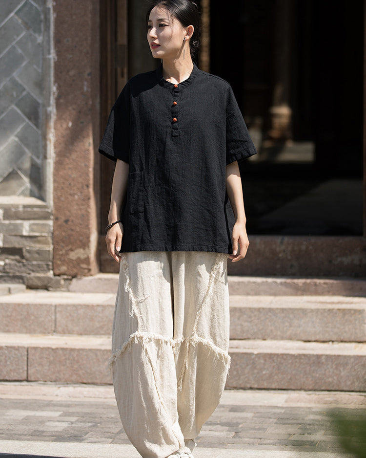 Summer Cotton Chinese t-shirt,cotton linen Washed Plate Button Women's Short Sleeve T-Shirt 20240714