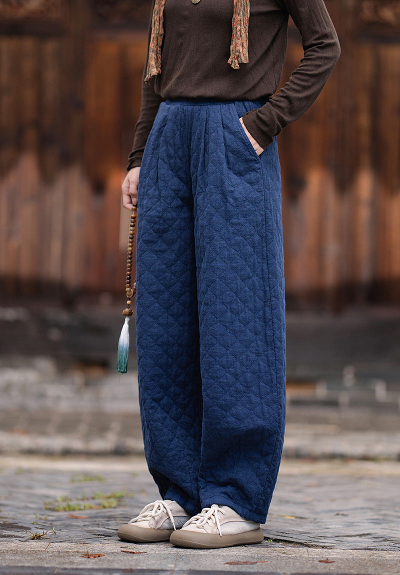 2026 Winter New Arrival: Artistic, Retro, and Zen-Inspired Women's Cotton-Padded Pants for Outdoor Wear—Warm, Cold-Resistant, with Elastic Waist and Bell-Bottom Design