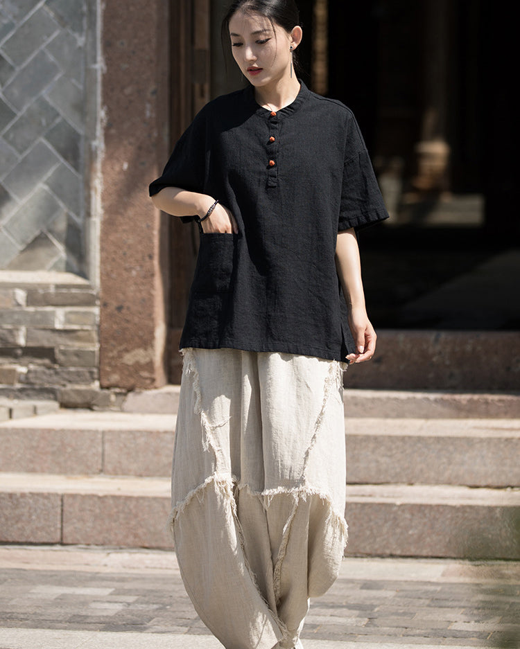 Summer Cotton Chinese t-shirt,cotton linen Washed Plate Button Women's Short Sleeve T-Shirt 20240714