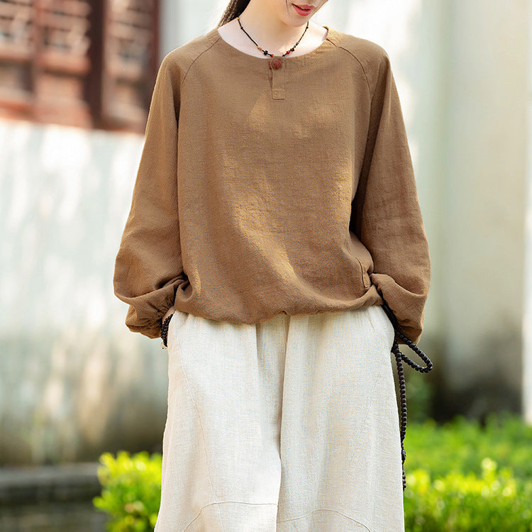 Loose long-sleeved cotton  linen T-shirt, vintage round neck cotton  linen  button top shirt 20240920