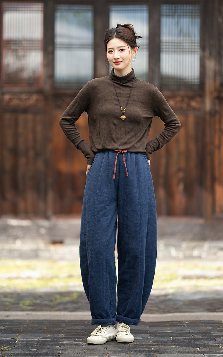 2026 Winter New Arrival: Ramie-Blend, Color-Blocked, Drawstring, Quilted, Thickened Cotton Pants—Versatile, Slimming, Loose-Fit Casual Pants