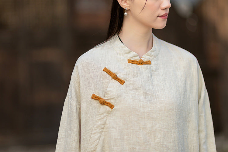 2026 Spring New Arrival: Retro Cotton-Linen Chinese-Style Stand-Collar, Color-Blocked, Button-Fastened, Wrap-Front Blouse for Women – Zen Tea Attire