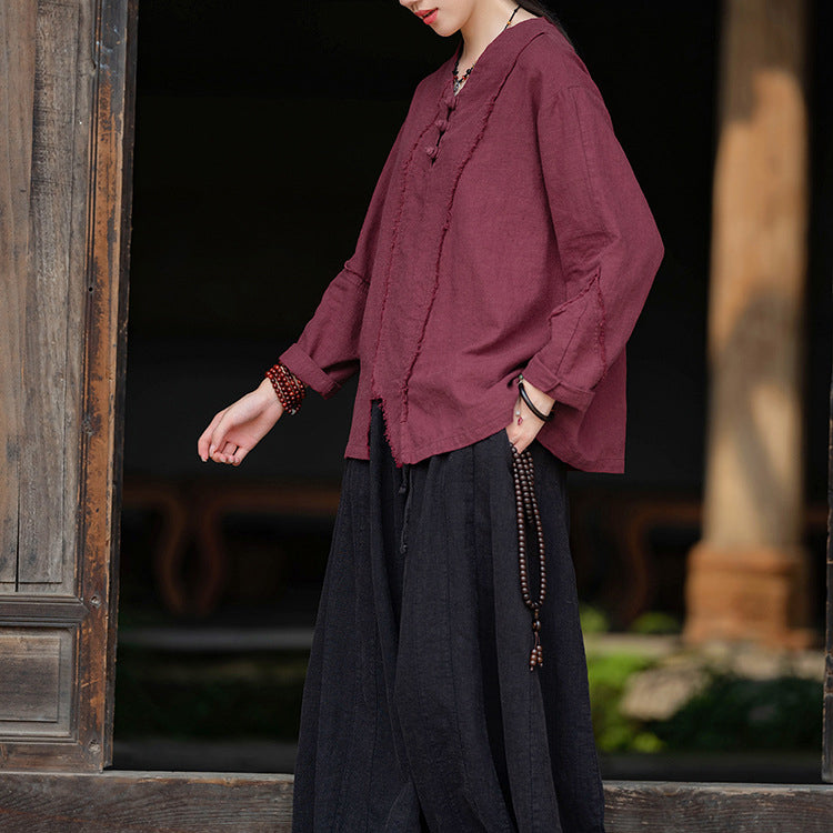 Woman Vintage Chinese Long Sleeve Cotton Linen Shirt with Embroidery V-Neck Loose Top 20240920