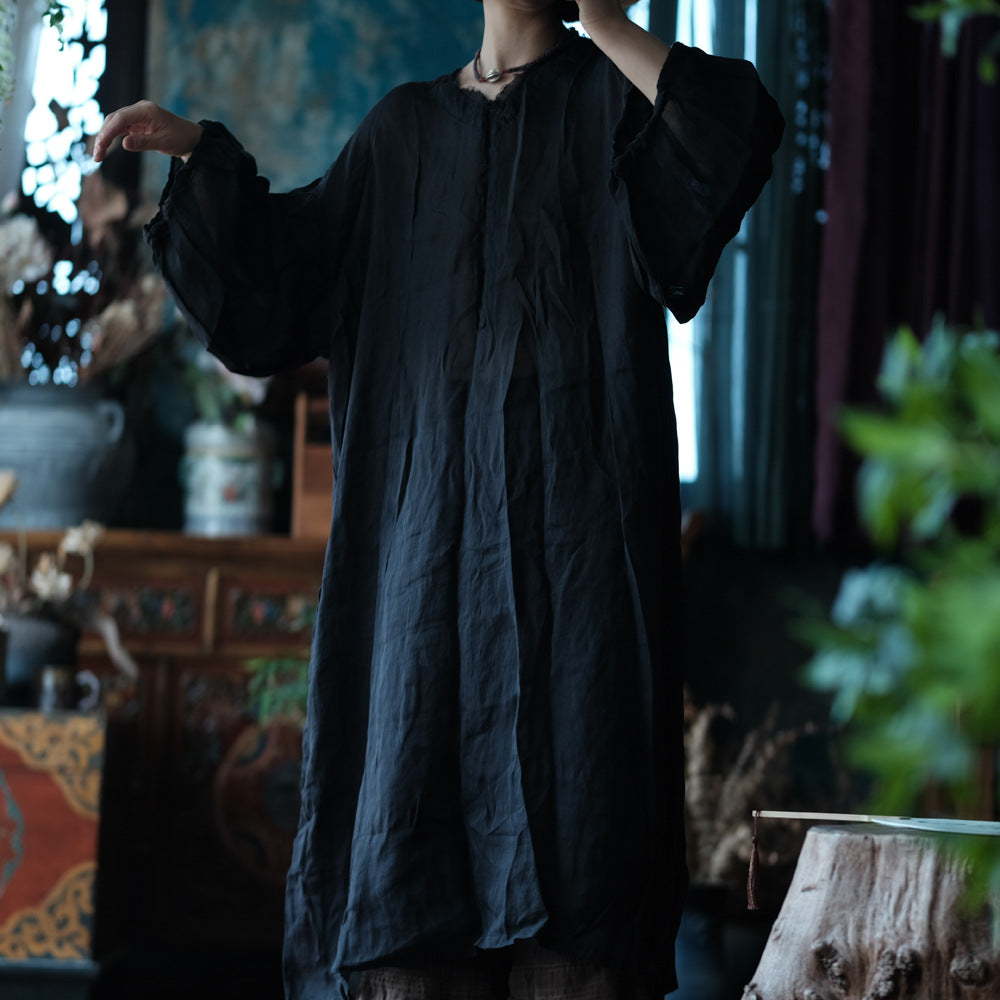 High Quality Personalized Black Pure Ramie Loose Lantern Sleeve Dress 240621