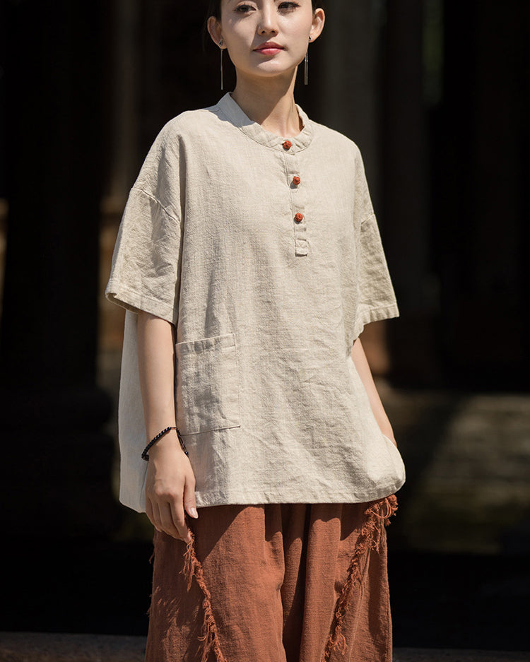 Summer Cotton Chinese t-shirt,cotton linen Washed Plate Button Women's Short Sleeve T-Shirt 20240714