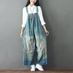 Embroidered floral cotton overalls, women's denim overalls, stonewashed loose overalls