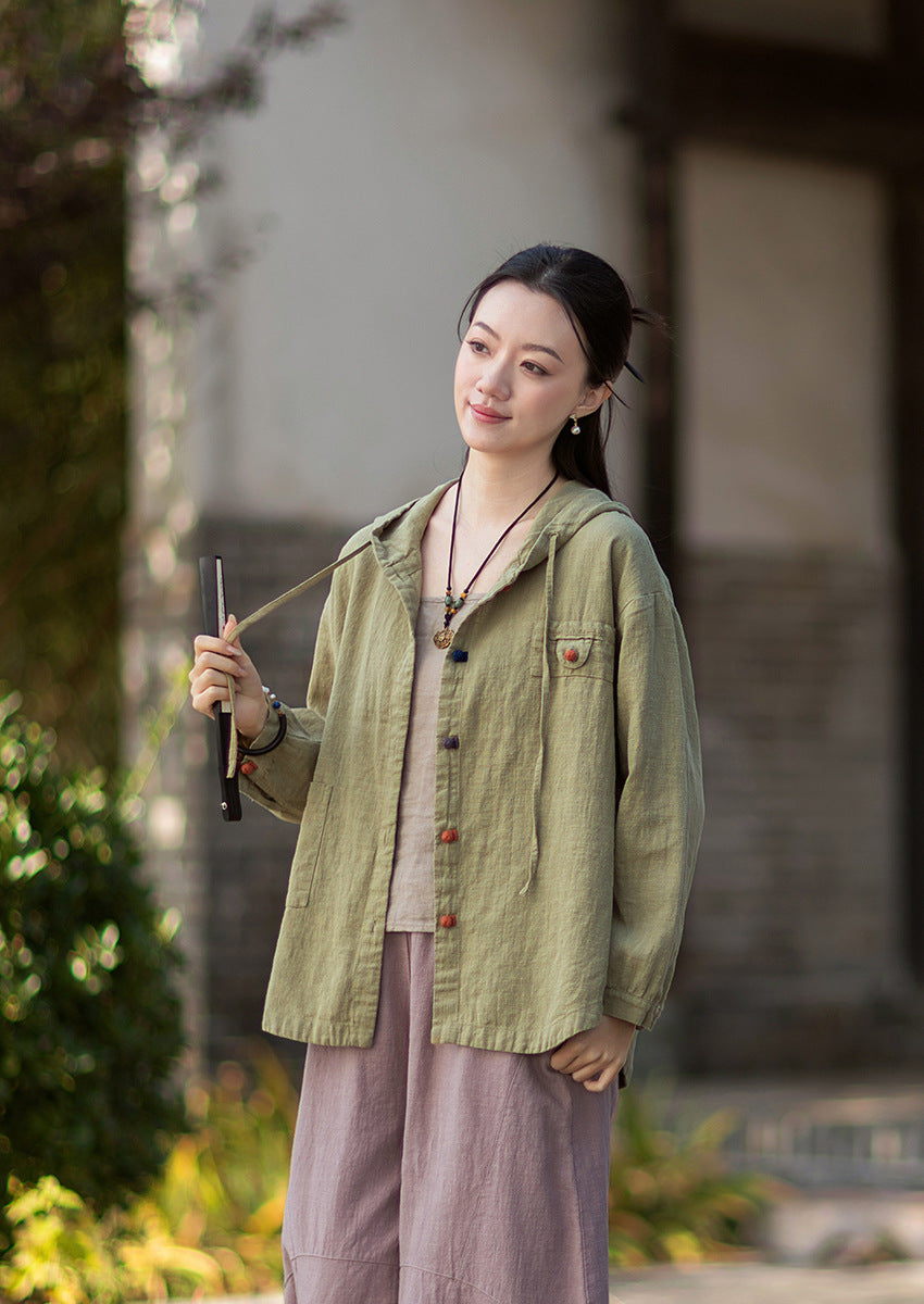 2026 Spring New Arrival: Oversized Casual Hooded Color-Blocked Button-Down Shirt, Women's Sandwashed Cotton-Linen Jacket