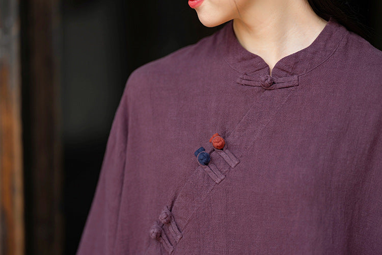 Women's Vintage Chinese Frog Button Long Sleeve Cotton and Linen Long Shirt, Standing Collar Loose Cotton and Linen Jacket 20240920