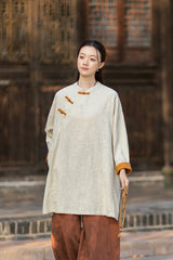 2026 Spring New Arrival: Retro Cotton-Linen Chinese-Style Stand-Collar, Color-Blocked, Button-Fastened, Wrap-Front Blouse for Women – Zen Tea Attire