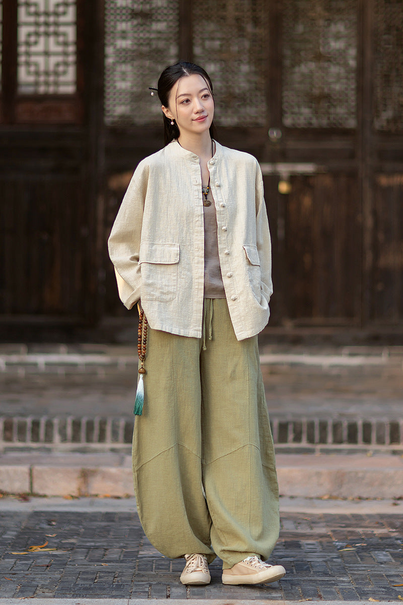 2026 Spring New Arrival: Boho-Retro Stand-Collar Distressed Double-Breasted Button-Down Cotton-Linen Blouse for Women